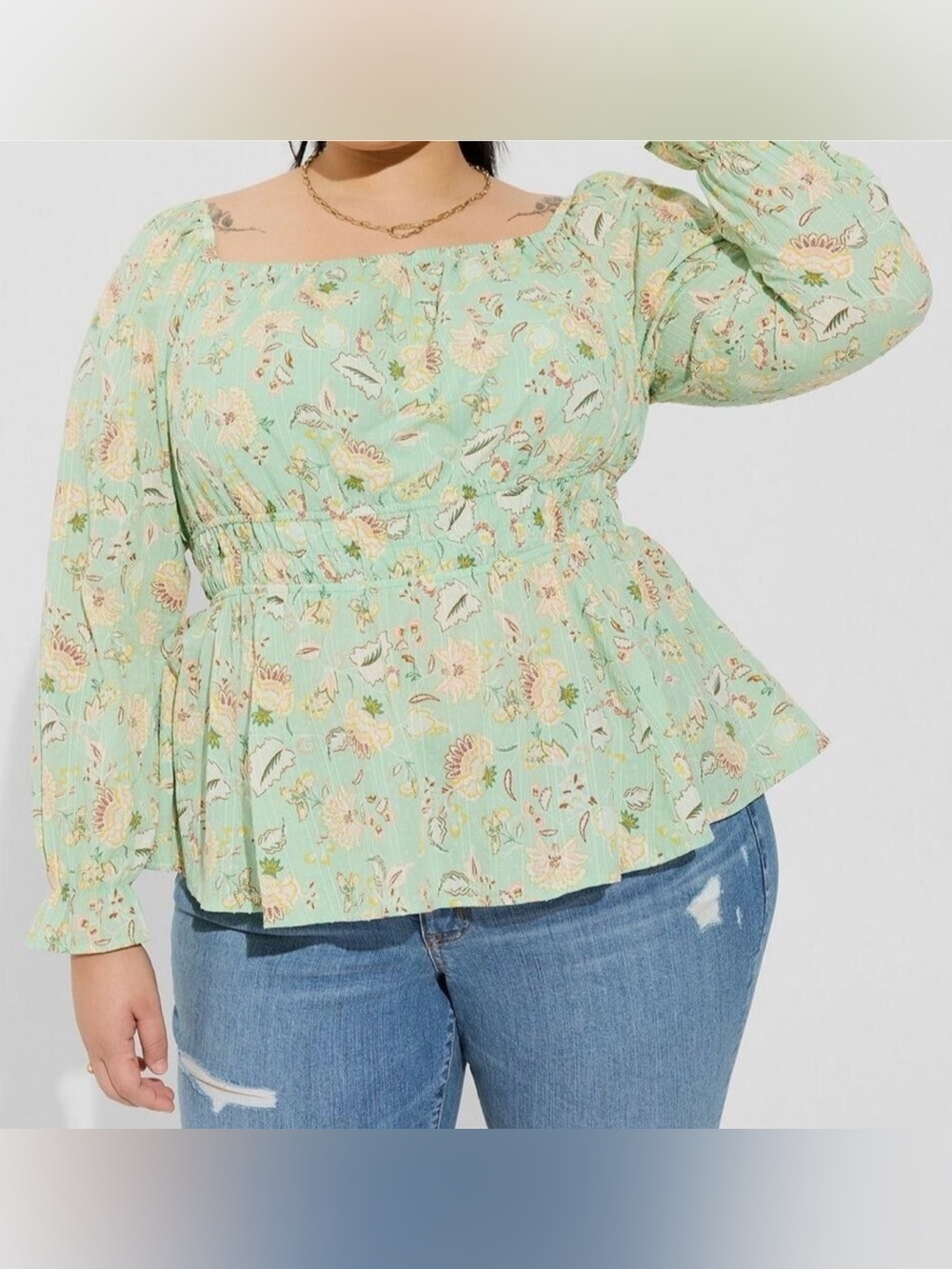 Torrid - Smocked Square Neck Floral Long Sleeve Cotton Peasant Style Blouse
